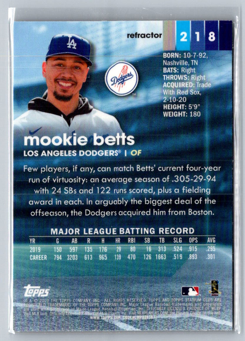 2020- Topps Stadium Club -Mookie Betts - Gold Refractor - Los Angeles Dodgers